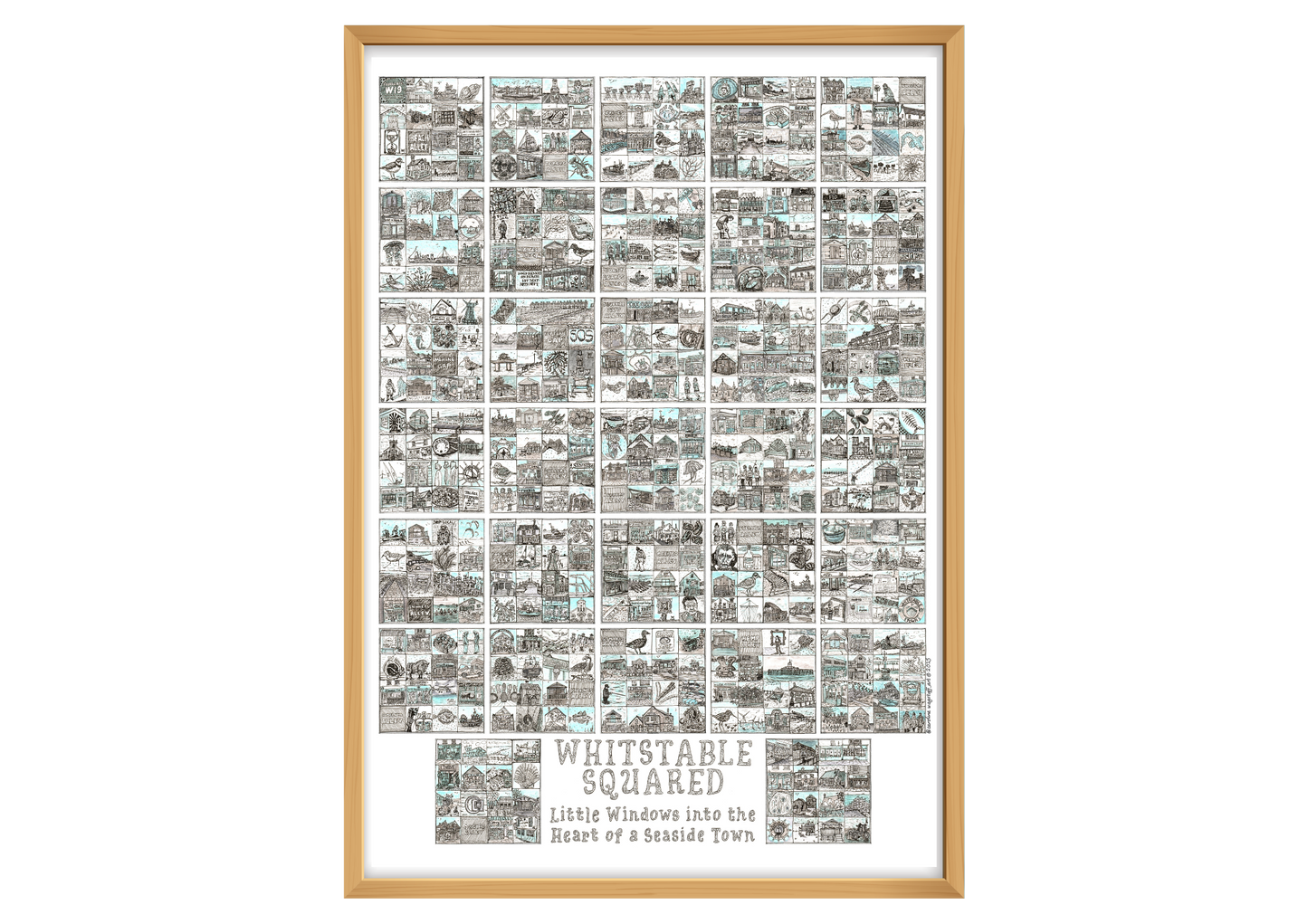 Framed A2 artwork titled 'Whitstable Squared' with a grid of black and white illustrations in a wood effect frame.