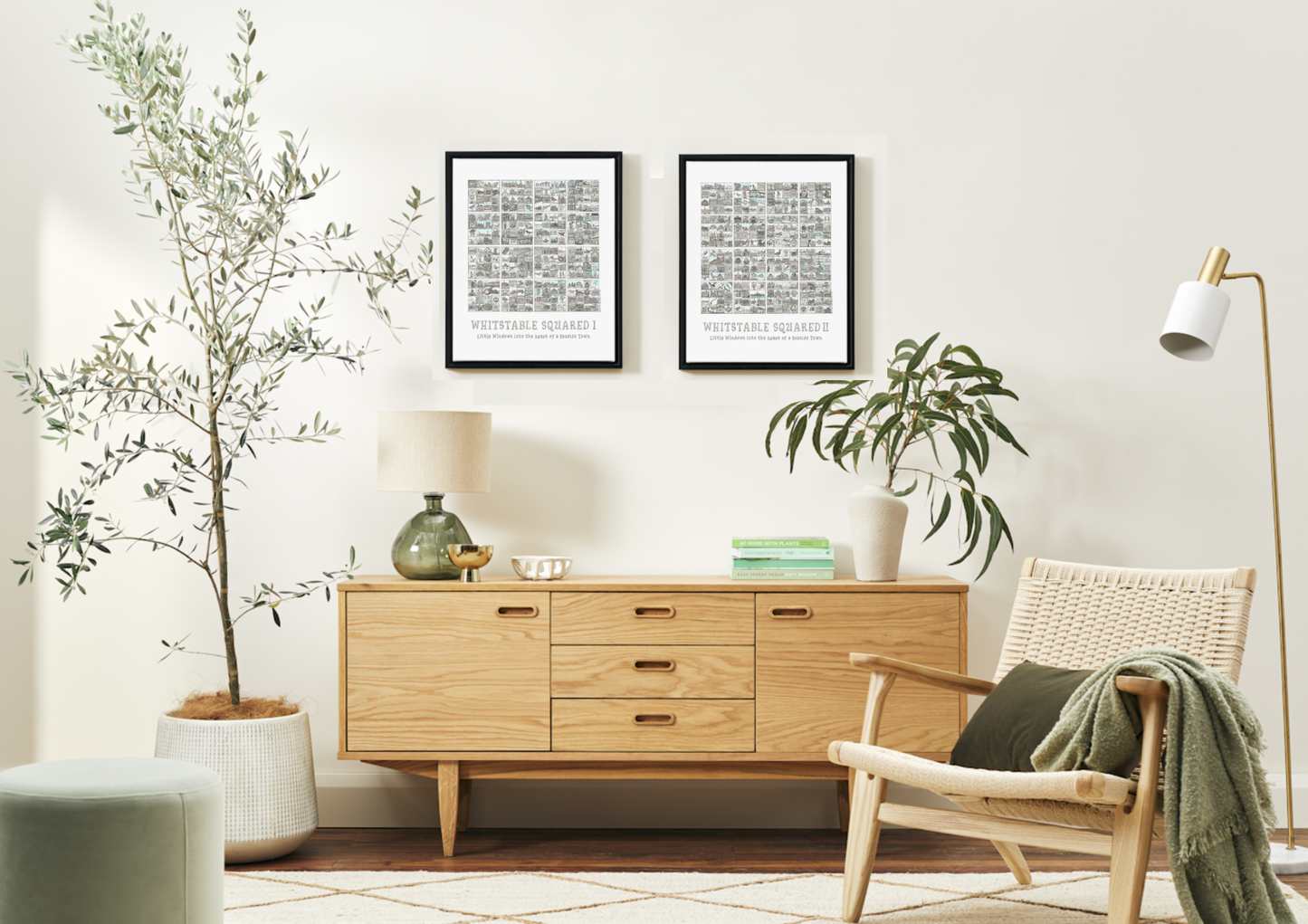 Two A3 Whitstable Squared pictures in black frames above a pine dresser in a living room